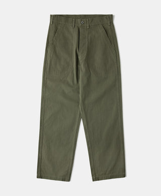 Olive deck pants with a relaxed straight-leg fit and buttoned front.