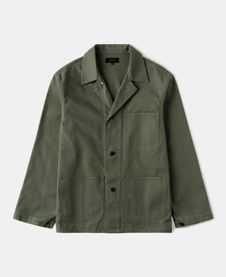 Olive field jacket with notch collar, button front, and chest flap pocket.