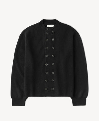 Black knit cardigan with double-breasted button placket and stand collar