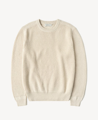 Natural cotton sweater with ribbed trim and textured seed-stitch shoulders