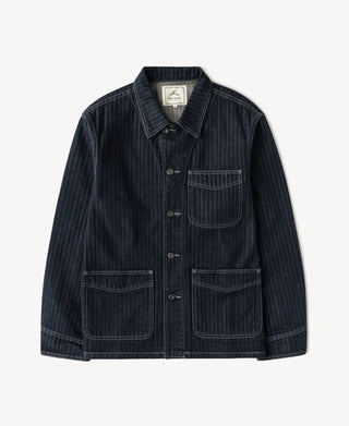 Indigo herringbone denim work jacket with front button placket and chest pockets