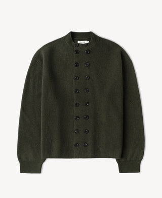 Olive knit double-breasted cardigan with dark button placket and stand collar