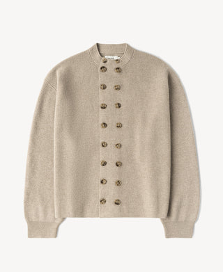 Ecru double-breasted knit cardigan with gold-tone button placket and crew neck.