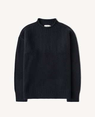 Navy pure wool Guernsey sweater with mock neck and ribbed chest panel