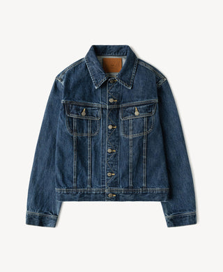 Indigo denim rider jacket with pointed collar, button front, flap chest pockets, and side pockets