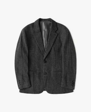 Gray wool suit jacket with notched lapel and four-button front