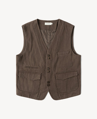 Brown herringbone tailored waistcoat with five-button front and two patch chest pockets