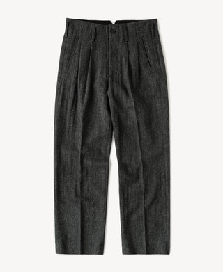 High-waisted gray wool trousers with pleated front and belt loops