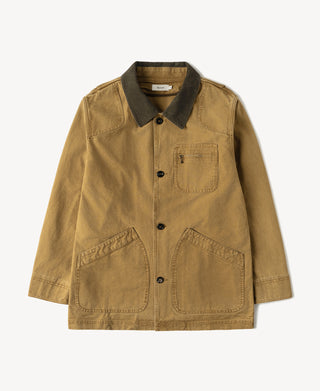 Khaki canvas hunting jacket with dark corduroy collar, button front and three pockets