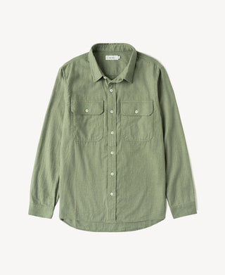 Sage green brushed flannel work shirt with button-front and two chest patch pockets.