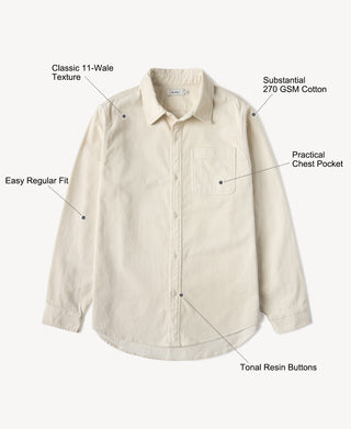 White corduroy work shirt with button front and chest pocket