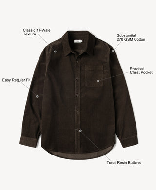 Coffee corduroy work shirt with button front and chest pocket, long sleeves