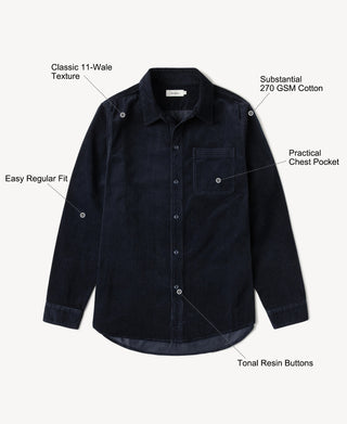 Indigo corduroy work shirt with regular fit, chest pocket, and tonal buttons