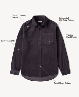 Purple corduroy work shirt with regular fit, button placket, and chest pocket