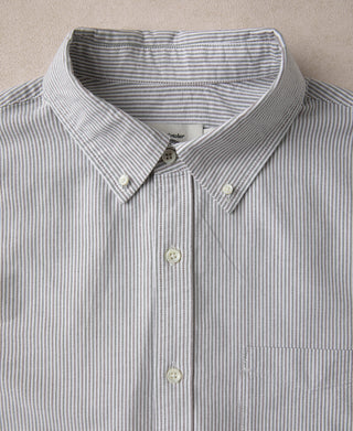 Oxford button-down collar and placket, blue-and-white pinstripe with button details.