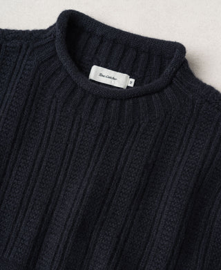 Navy wool sweater neckline and vertical rib-knit chest detail
