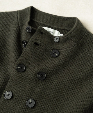 Olive knit cardigan close-up of button front and ribbed crew-style collar