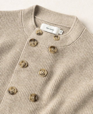 Ecru wool-blend knit cardigan neckline with ribbed collar and gold-tone buttons.