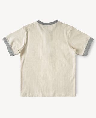 Cream heavyweight cotton tubular henley shirt with gray-trimmed sleeves, short sleeves
