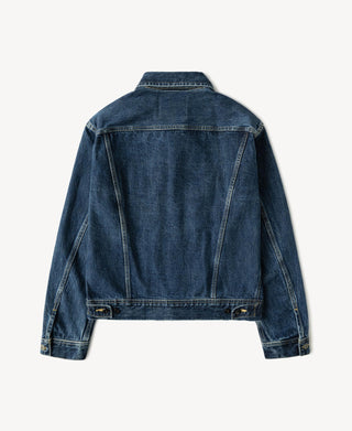 Indigo denim rider jacket back view with buttoned waistband and contrast yellow edge stitching