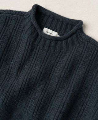 Dark blue wool sweater with ribbed mock neck and vertical textured chest panels