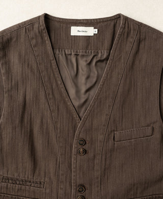 Brown herringbone waistcoat with V-neck lining and three dark button placket