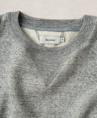 Heather gray sweatshirt neckline detail with V-shaped opening and ribbed collar