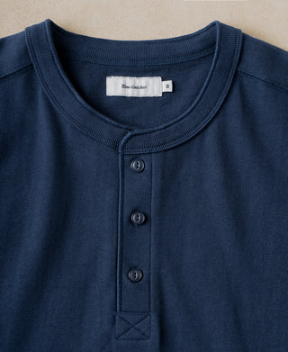 front placket of Heavyweight Cotton Tubular Short-Sleeve Henley Shirt in Navy