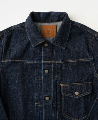 Indigo denim jacket with button front, pointed collar, chest pockets