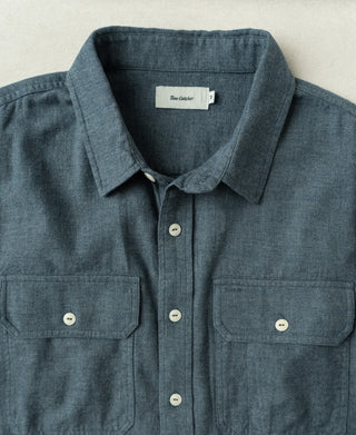 Royal blue flannel work shirt close-up of collar, button placket, and chest pockets