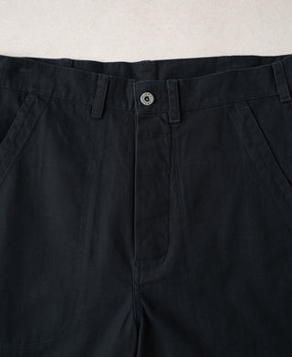 Navy deck pants waistband with belt loops and round button closure