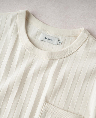 Oatmeal ribbed cotton T-shirt neckline and chest pocket close-up