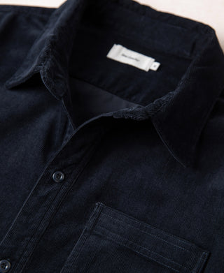 Indigo corduroy work shirt collar with button placket and inner label