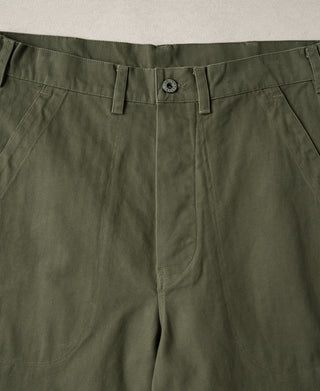 Olive deck pants waistband with belt loops and round button closure detail.