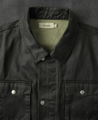 Black olive field jacket with button-down collar and front zipper closure