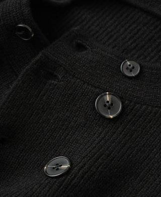 Black double-breasted knit cardigan with round metal-look buttons
