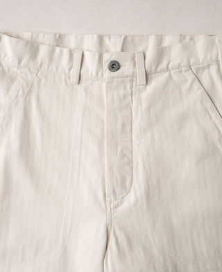 White deck pants waistband with button closure and vertical fly placket