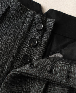 Waistband and closure detail: three black buttons on gray wool