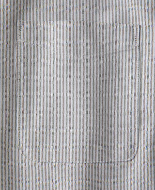 Oxford shirt fabric close-up, blue-and-white vertical pinstripe texture.