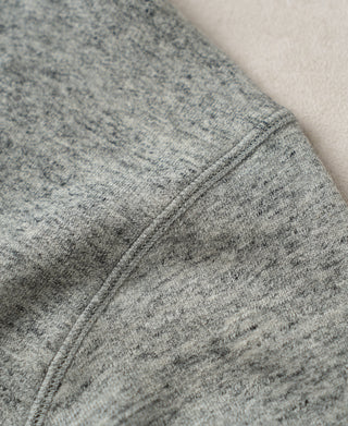 Heather gray sweatshirt seam detail on shoulder with knit texture