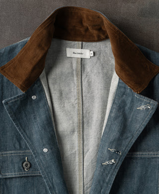 Sage blue denim jacket open front with brown corduroy collar and light inner lining