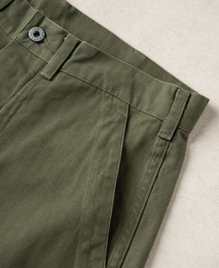 Olive deck pants front with belt loops, zip fly, and side-pocket openings.