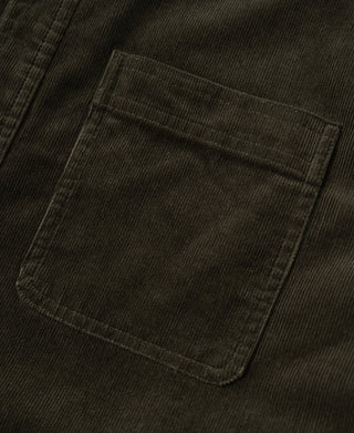 Dark green corduroy work shirt chest pocket with stitched edges