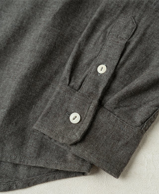 Dark gray work shirt sleeve cuff with two white buttons