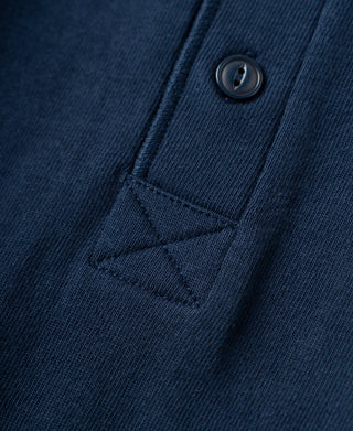front placket detail of Heavyweight Cotton Tubular Short-Sleeve Henley Shirt in Navy