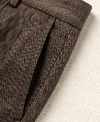 Brown herringbone trousers front crease with side seam pleats