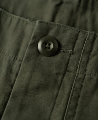 Olive pants close-up of button placket on waistband