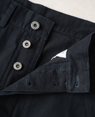 Navy deck pants back pocket area with buttons and pleat detail