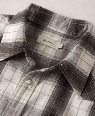 Plaid shirt neckline and inner neck label with snap front and button