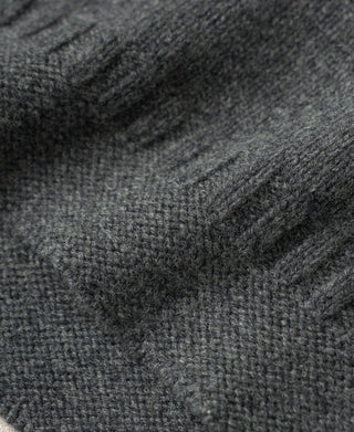 Close-up of gray wool sweater's soft, textured knit